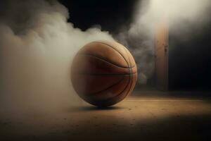 baloncesto en Corte piso cerca arriba con borroso arena en antecedentes. neural red generado Arte foto