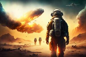 Futuristic scene with astronauts in space exploring a planet. Neural network generated art photo