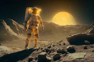 Astronaut explores space being desert mars. Astronaut space suit performing extra cosmic activity space. Neural network generated art photo