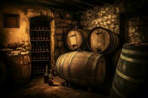 Old Wooden barrels with wine in a wine vault cellar. Neural network generated art photo