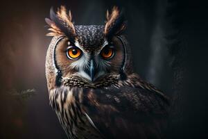 European eagle owl perched on a post and staring forward against a dark background the eyes are penetrating the viewer. Neural network generated art photo