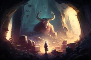 Theseus found the creature minotaur in cave labyrinth greek mythology tale. Neural network generated art photo