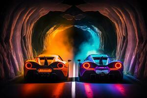 Two high speed sports cars in motion, racing moment in neon light. Neural network generated art photo