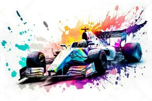 formula one race red car on watercolor rainbow splash, isolated on white. Neural network generated art photo