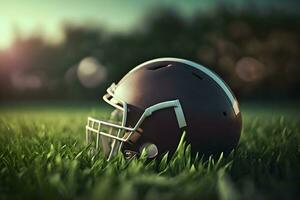 American football helmet on green grass. Neural network AI generated art photo