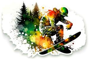 Man snowboarder jump on snowboard with rainbown watercolor splash isolated on white background. Neural network generated art photo