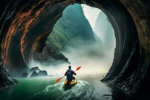 Kayakers enjoying the beautiful rocky landscape. Neural network generated art photo