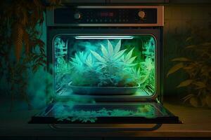 Growing marijuana cannabis leafs in open kitchen oven. Neural network AI generated photo