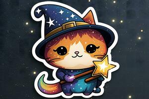 Cute cartoon sticker with a cat wizard. Neural network AI generated photo