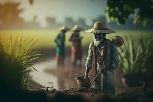 granjero riego su plantas. neural red ai generado foto