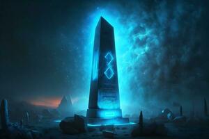 Futuristic fantasy ancient obelisk of fairytale civilization. Neural network AI generated photo