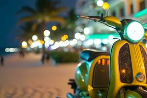 scooter ciclomotor a Oceano conducir Miami playa a noche con neón luces desde hoteles neural red ai generado foto