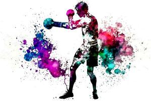 Sporty man during boxing with watercolor splash, sticker. Neural network AI generated photo