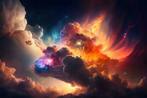 Space background with galaxy and nebula in blue and orange clouds. Neural network AI generated photo