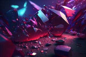 Abstract art background with part of surreal ruby gemstone crystal with prism reflection in fractal triangles structure in purple colors. Neural network AI generated photo
