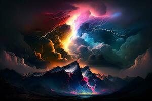 Lightning with colorful dramatic clouds. Neural network AI generated photo
