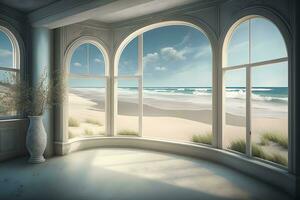 Beach living on Sea view interior with big windows. Neural network AI generated photo