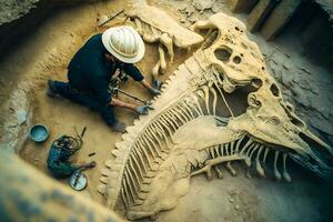 Archaeologist works on an archaeological site with dinosaur skeleton in wall stone fossil tyrannosaurus excavations. Neural network AI generated photo