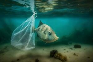 Fish and plastic pollution. Envrionmental problem - plastics contaminate seafood. Neural network AI generated photo