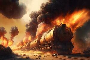 explosion of wagons at the railway station. Neural network AI generated photo