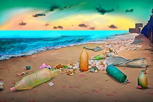 derramado basura en playa de grande ciudad. vacío usado sucio el plastico botellas sucio mar arenoso apuntalar el negro mar. ambiental contaminación. ecológico problema. neural red ai generado foto