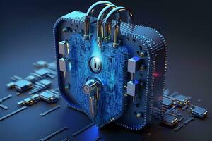 Padlock With Keyhole icon in personal data security Illustrates cyber data or information privacy idea. blue color abstract hi speed internet technology. Neural network AI generated photo