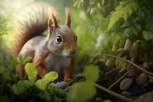 Art view on wild nature. Cute red squirrel. Neural network AI generated photo