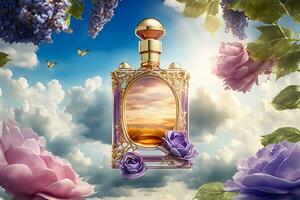 Beautiful perfume bottle with flowers against the sky. Neural network AI generated photo