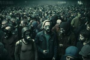 multitud de personas en uniforme y gas mascarilla. concepto de radiación y virus, ambiental contaminación. neural red ai generado foto