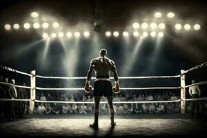 Professional boxer fighting on the grand arena panorama view. Neural network AI generated photo