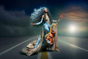 hermosa rock estrella mujer con eléctrico guitarra. neural red ai generado foto