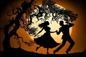 Silhouette of dancing couple in halloween style. Neural network AI generated photo
