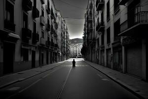 Landscape view of an empty street of a black and white city. Neural network AI generated photo