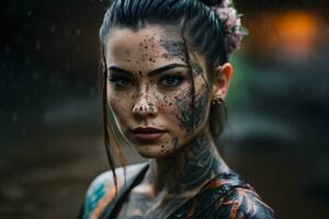 Japanese geisha with tattoo. Neural network AI generated photo