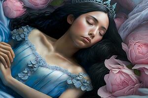 Fantasy woman sleeping beauty lies sleep with flowers. Neural network AI generated photo