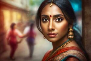 Beautiful indian girl. Young hindu woman. Neural network AI generated photo