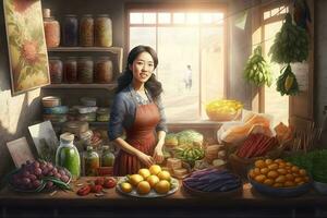Beautiful Asian woman sells vegetables. Neural network AI generated photo
