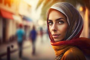 Portrait of young muslim woman wearing hijab head. Neural network AI generated photo