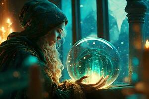 el bruja con magia pelota en su manos causas un espíritu en cueva. neural red ai generado foto