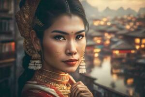 retrato de un hermosa asiático tailandés mujer. neural red ai generado foto