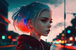 A beautiful cyberpunk girl stands against the backdrop of the night city of the future. Cyberpunk concept. Neural network AI generated photo