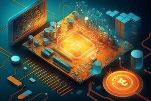 A board with chips and a gaming graphics card processor. Progressive cooling system for the video chip, processor and memory. Computer Details. Neural network AI generated photo
