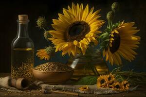 Rural still life sunflower oil in bottle with flowers of sunflower Helianthus annuus in dark light. Neural network AI generated photo