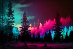 Beautiful winter forest at night and northern lights. Neural network AI generated photo