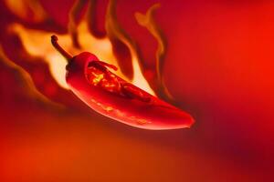 Fresh red chilli pepper in fire as a symbol of burning feeling of spicy food and spices. Red background. Neural network AI generated photo