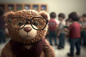 osito de peluche oso como un estudiante a escuela. espalda a escuela. neural red ai generado foto