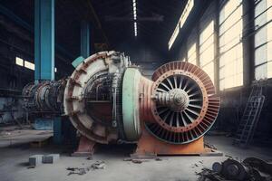 workers assembling and constructing gas turbines in a modern industrial factory. Neural network AI generated photo