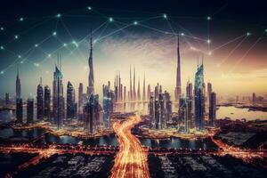 Smart city and abstract dot point connect with gradient line and aesthetic Intricate wave line design, big data connection technology concept. Neural network AI generated photo