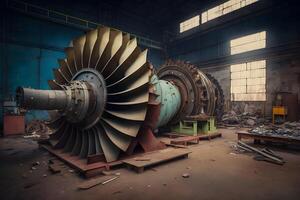 workers assembling and constructing gas turbines in a modern industrial factory. Neural network AI generated photo