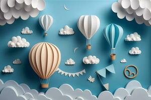 Hot air balloon, space elements shapes cut from paper. Creative concept for banner, landing, background designs. Neural network AI generated photo